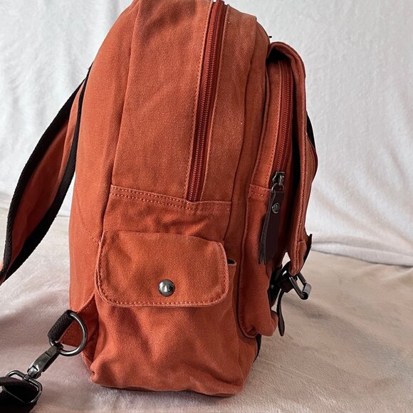 Canvas Cross Body Urban Sling Backpack w/ Vegan PU Leather Detail Burnt Orange - Picture 5 of 12